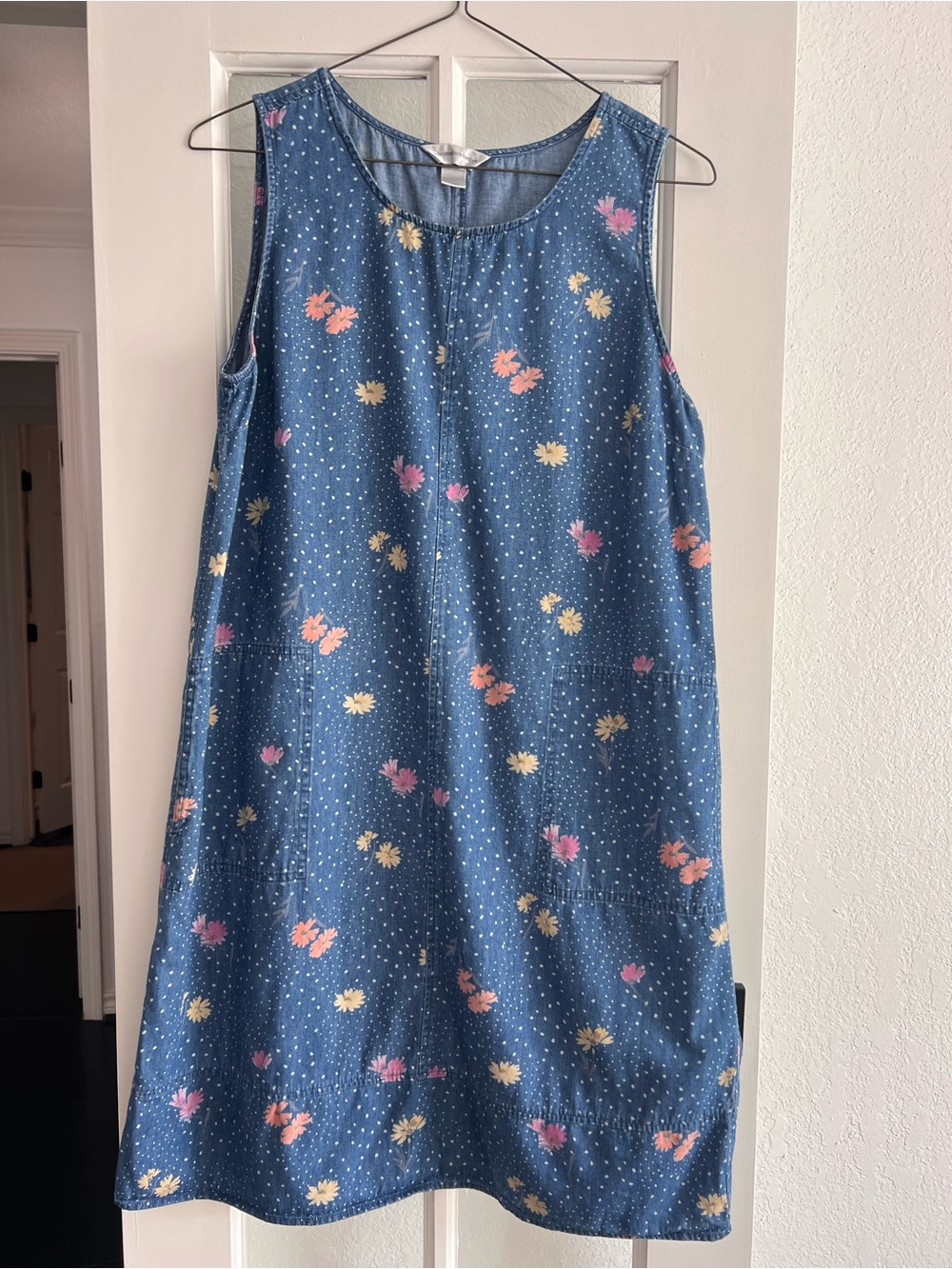 Vintage Floral Denim-Effect Sleeveless Dress - Blue